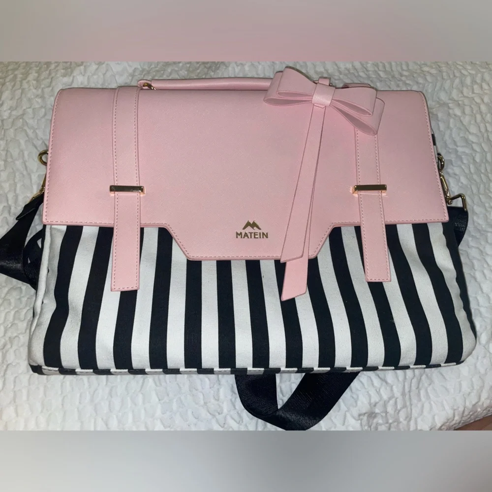 Womens laptop bag w/Pink Bow Top-Handle Satchel with Black & White Stripes